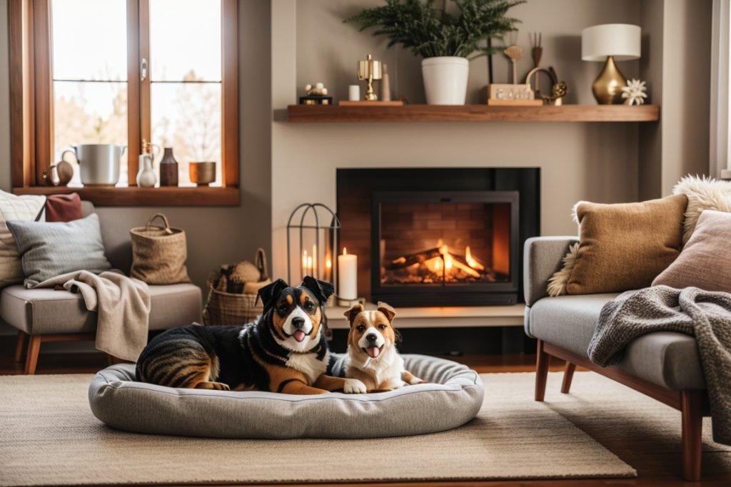 A cozy living room setting with a fireplace, featuring a pet bed and toys