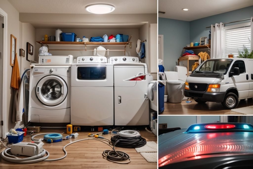 A collage featuring a washing machine with all cycle lights on, a leaking sink, and a Texas Homes Realty service van, all symbolizing quick and efficient repair services.