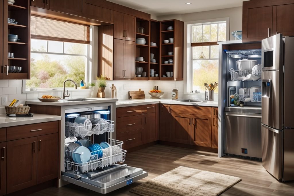 A kitchen with an open dishwasher and a refrigerator, both with their doors open, showcasing the ice maker and dishwasher racks.