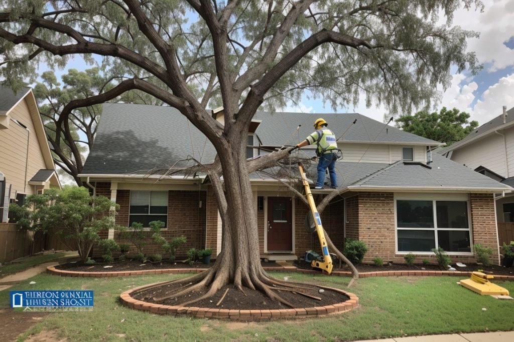 A professional team from Texas Homes Realty & Management safely removing a dead tree from a residential backyard