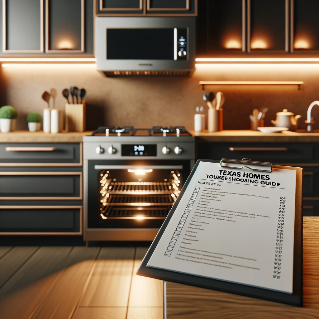 Photo of a modern kitchen with a sleek stove. The oven door is slightly ajar, signifying an issue. On the countertop, there's a clipboard with a checklist titled 'Oven Troubleshooting Guide'. The room has a warm, welcoming ambiance, and the Texas Homes Realty & Management logo is subtly placed in the corner.