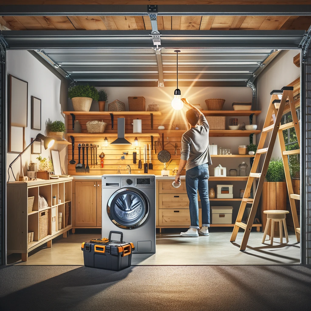 A cozy, well-lit residential garage with a modern, non-functional dryer and a ladder set up near the ceiling, where a person is changing a light bulb. The scene reflects a home maintenance task in a friendly and approachable manner, suitable for a blog post about property management services. Ensure the setting looks like a typical garage in a residential home in Katy, Texas. Include visible tools and safety equipment, conveying a sense of professionalism and care in home maintenance.