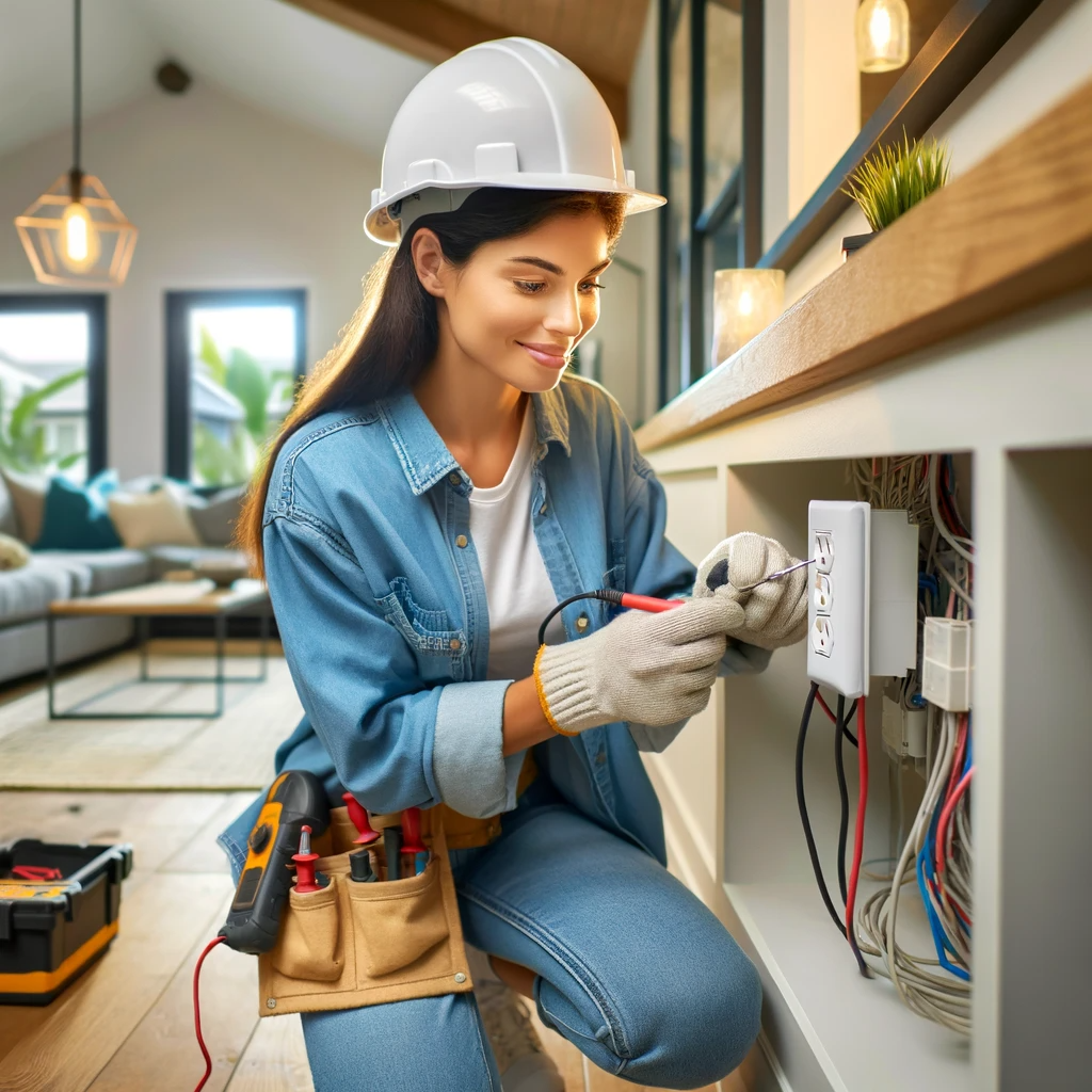 A professional and friendly electrician fixing electrical outlets in a modern home. The scene is set in a well-lit, tidy room on the second floor of a residential property. The electrician, a woman of Hispanic descent, is using tools like a multimeter and screwdrivers. She wears a safety helmet and a tool belt, and is focused on her task. The room has contemporary décor, showcasing a comfortable and inviting living space. This image conveys expertise, safety, and reliability in home maintenance.