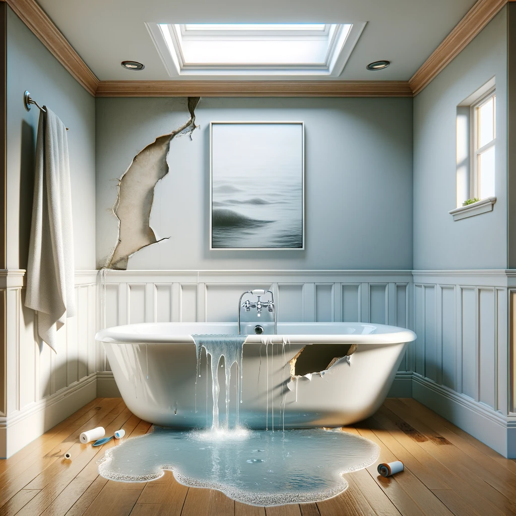 Create an image of a modern residential bathroom with an upstairs bathtub that has visible leaks and water damage around the edge on the sheetrock. Include a splash guard on one edge of the tub that looks improperly installed, hanging loose, with caulk visible. The style is photo-realistic, depicting a common bathroom issue in property management. The tone should be informative, highlighting the need for proper maintenance and repairs, without any phone numbers or specific company branding.