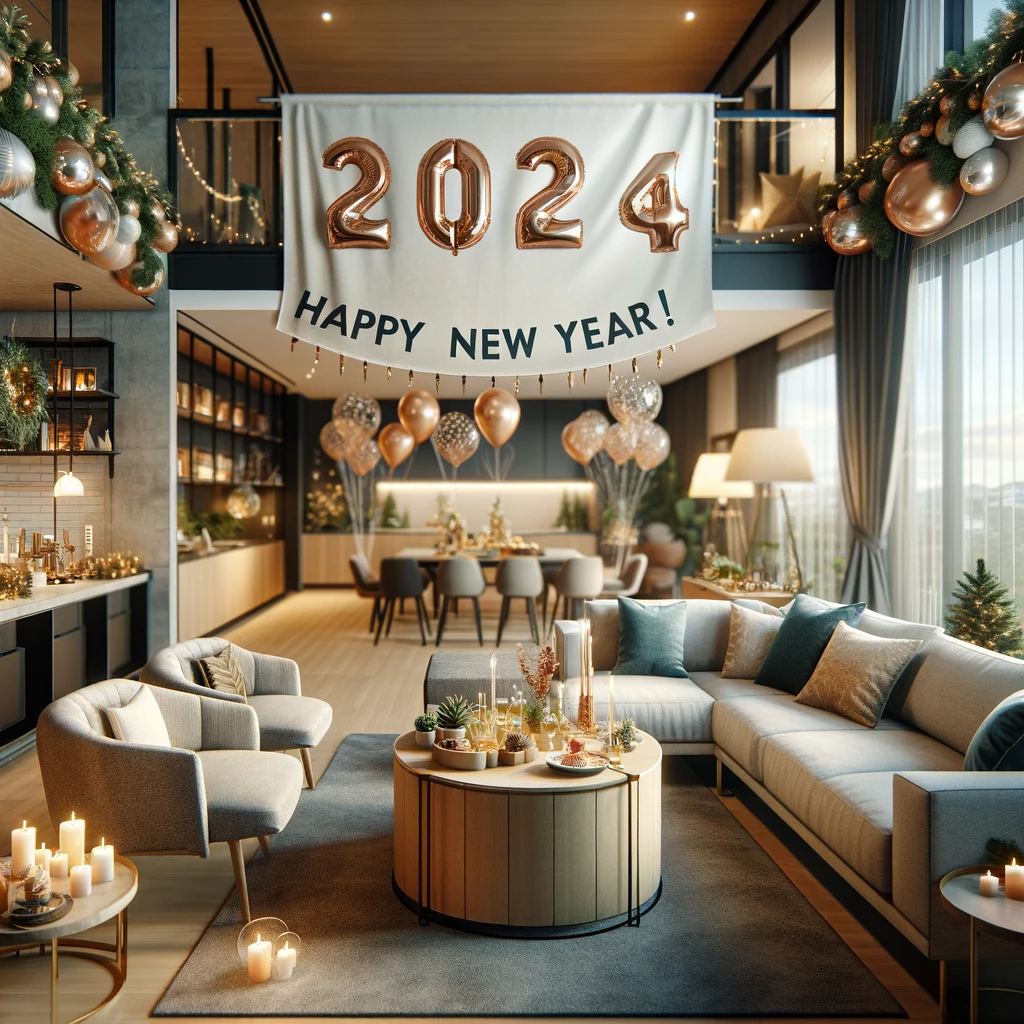 A cozy and inviting living room of a modern home decorated for New Year's celebration, with a festive atmosphere, balloons, and a banner that reads 'Happy New Year 2024!' in the background. The scene should capture the warmth and comfort of a well-managed residential property, embodying the essence of home and family gatherings during the holiday season. The room is well-lit, clean, and elegantly furnished, reflecting the high standards of a professional property management company.