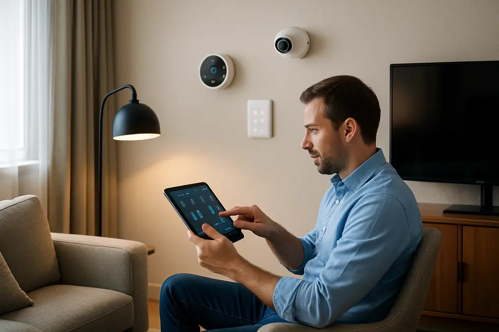 A property owner managing a smart home’s automation systems remotely using a tablet.