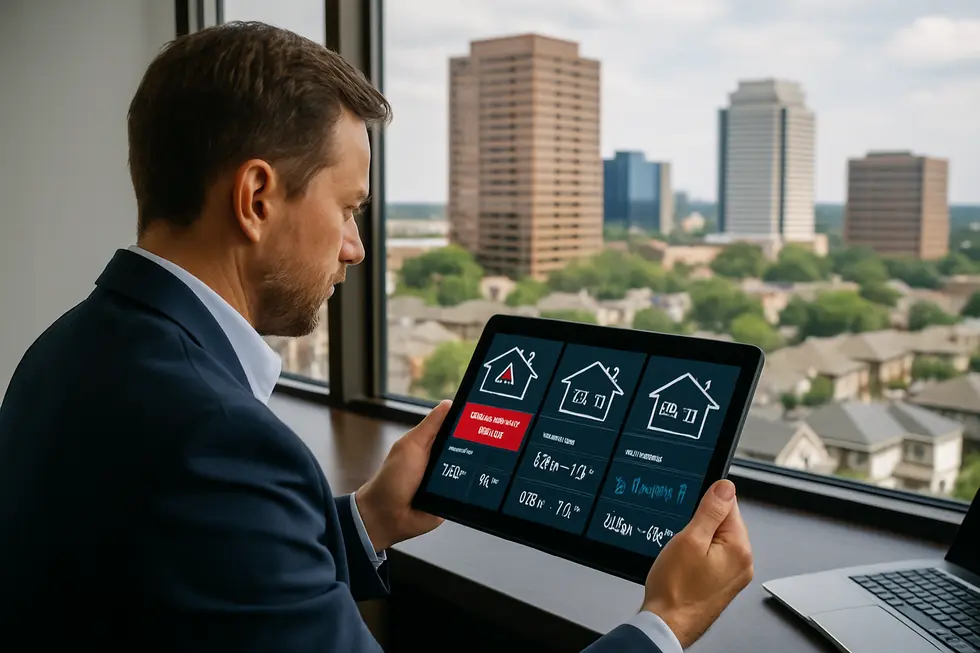 A property owner managing a smart home’s automation systems remotely using a tablet.