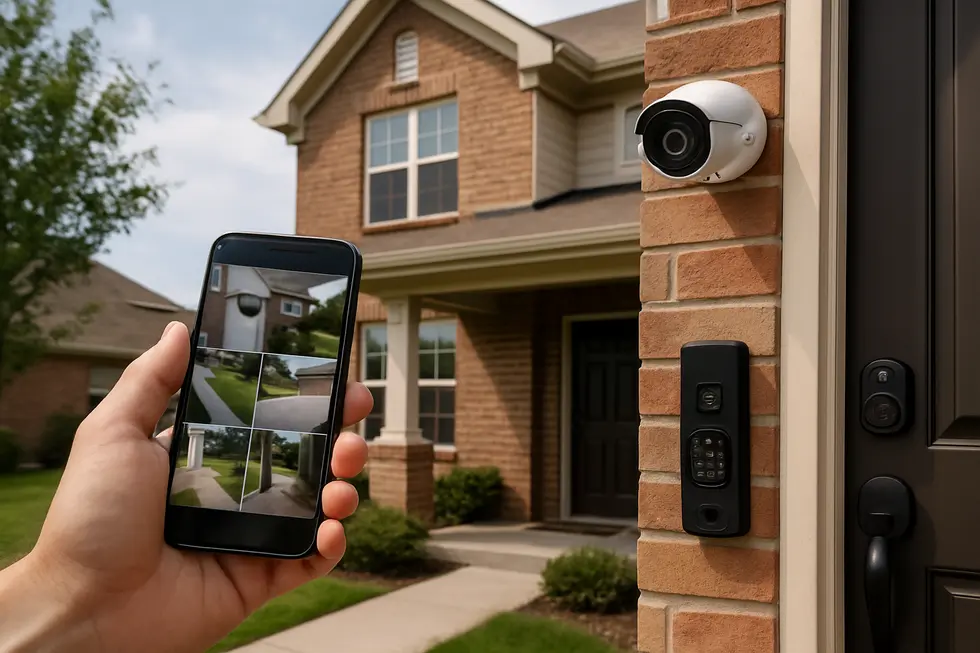 A property owner managing a smart home’s automation systems remotely using a tablet.